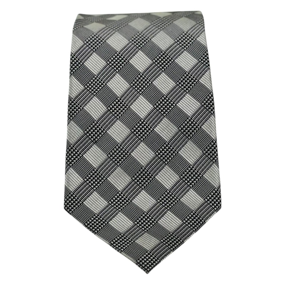 Vintage Zinc Men's 100% Silk Tie Black Gray Plaid Check Necktie - Picture 3 of 11